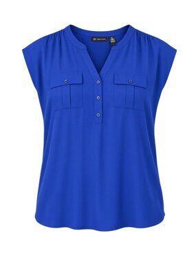 INC International Concepts Royal Blue Cap Sleeve Button Front Pocket Blouse 0X